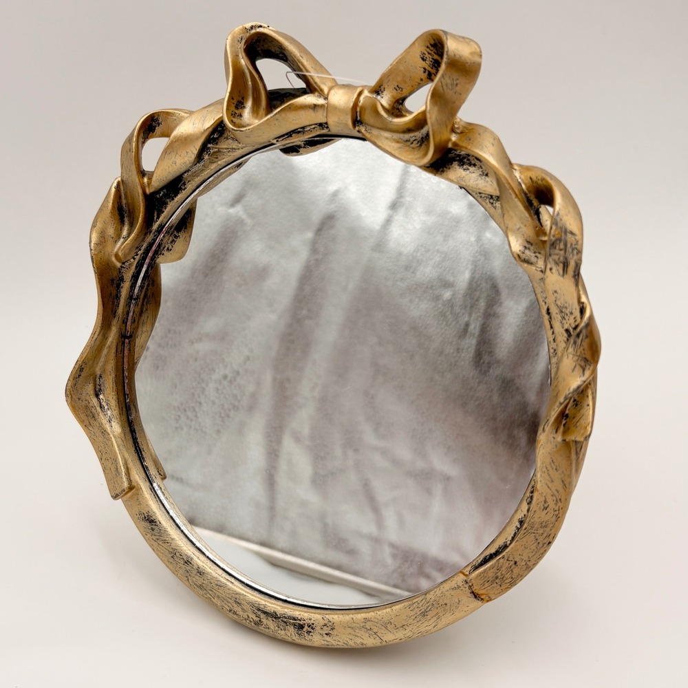 Vintage Style Gold Bow Ribbon Round Tabletop Vanity Mirror Ornate Distressed